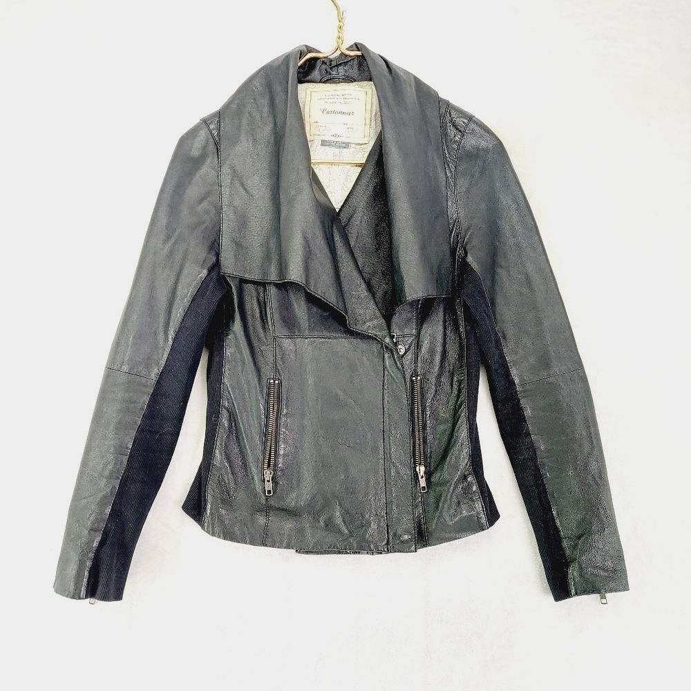 Cartonnier Black Leather Asymmetric Zip Up Moto Metall Leather Jacket P2948